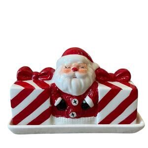 Santa Claus Butter Dish Hand Painted Ceramic Christmas Kitchen Dining Holiday